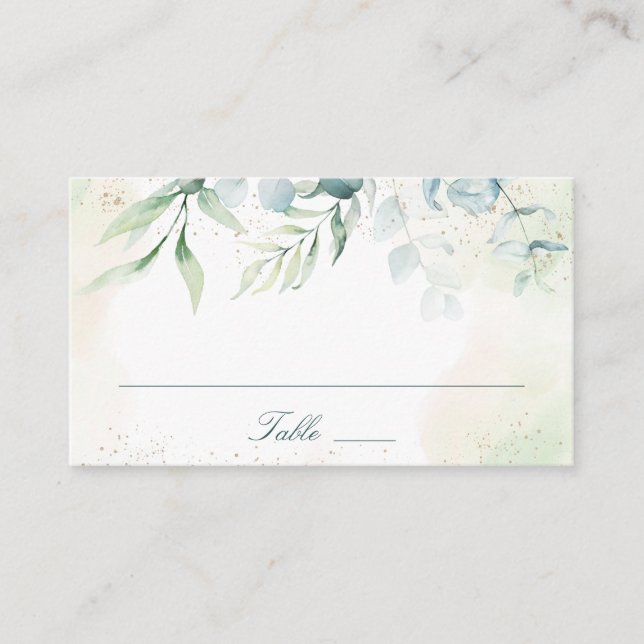 Elegant Blue Green Eucalyptus Greenery Wedding Place Card (Front)