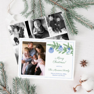 Elegant Blue Green Family Photos Merry Christmas Holiday Card
