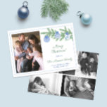 Elegant Blue Green Family Photos Merry Christmas Holiday Card<br><div class="desc">** Photo credit: Photography © Storytree Studios, Stanford, CA ** / Classic Merry Christmas Holidays photocard design featuring a fir tree branch decorated with blue and white chinoiserie pattern baubles. On the front there is space for a single family photo and on the back you can add another 5 photos....</div>