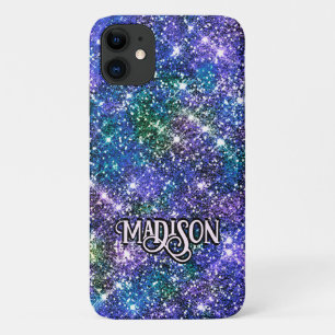 Elegant blue green faux Glitter monogram iPhone 11 Case