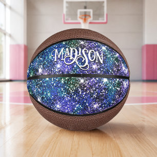 Elegant blue green faux Glitter monogram Mini Basketball