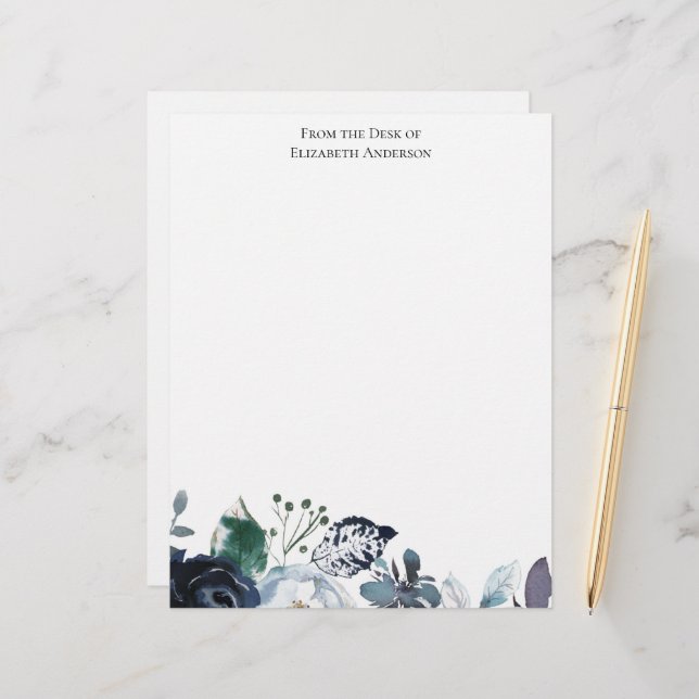 Elegant Blue Green Floral Personalised Letterhead (Front/Back In Situ)