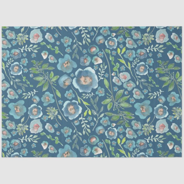 Elegant Blue Green Floral Watercolor Pattern Tissue Paper (Front)
