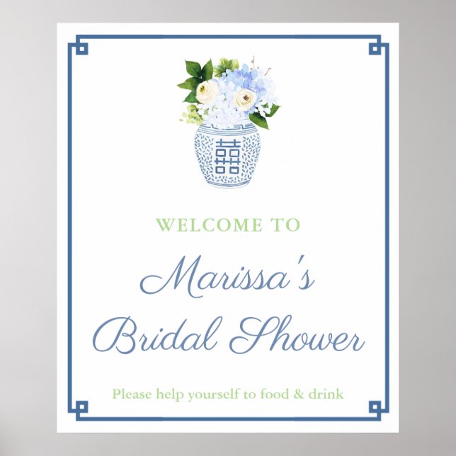 Elegant Blue Green Ginger Jar Shower Party Poster (Front)