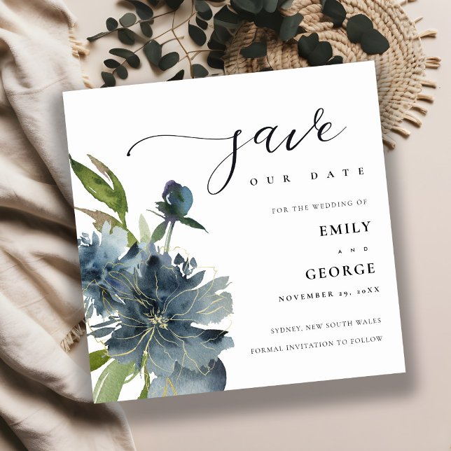 ELEGANT BLUE GREEN GOLD FLORAL SAVE THE DATE CARD (Creator Uploaded)