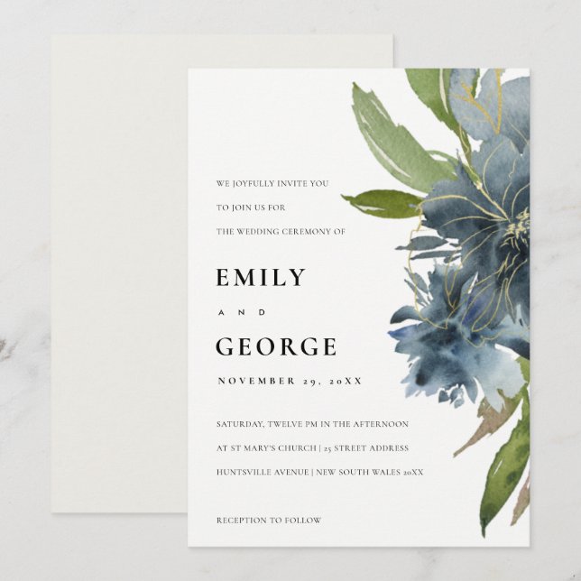 ELEGANT BLUE GREEN GOLD FLORAL WEDDING INVITE (Front/Back)