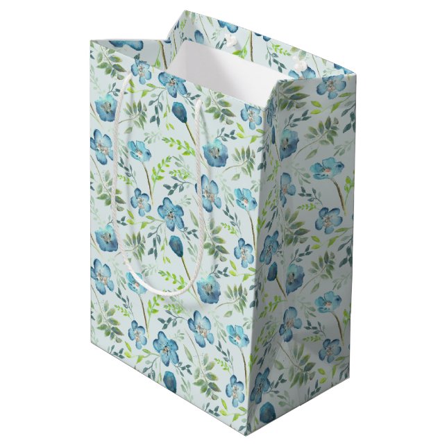 Elegant Blue Green Handpainted Watercolor Flowers Medium Gift Bag (Back Angled)