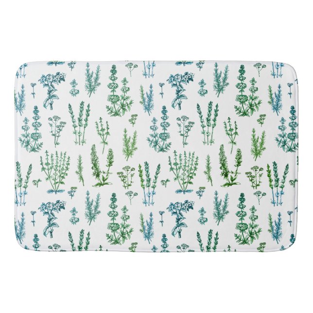 Elegant Blue Green Herbal Garden Pattern Bath Mat (Front)