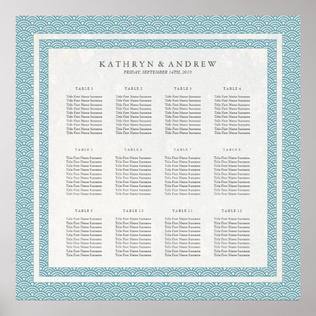 Elegant Blue Green Pattern Seigaiha Seating Chart (Front)