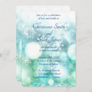 Elegant Blue Green Sparkling Snowflake Watercolor Invitation