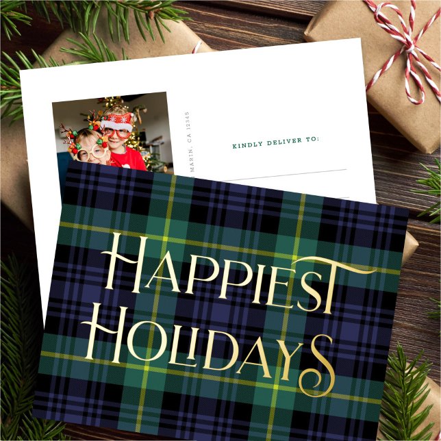 Elegant Blue Green Tartan Christmas Photo Silver Foil Holiday Postcard (Creator Uploaded)