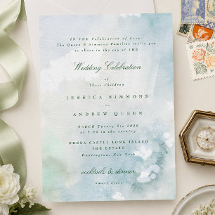 Elegant Blue Green Watercolor Landscape Wedding  Invitation