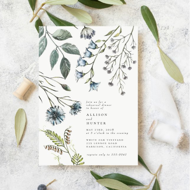 Elegant Blue Green Wildflower Rehearsal Dinner Invitation (Creator Uploaded)