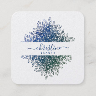 Elegant Blue Greenery Mandala Script Signature Square Business Card