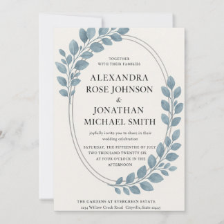 Elegant Blue Greenery & Silver Oval Modern Invitation