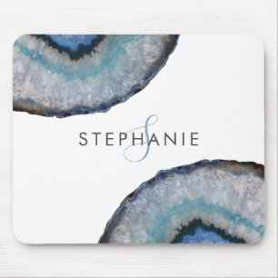 Elegant Blue Grey Agate Geode Monogram Mouse Pad