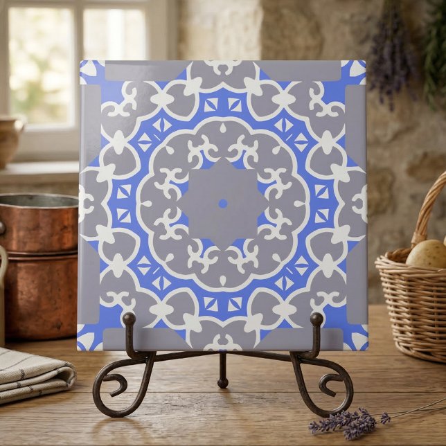 Elegant Blue Grey and White Classy Damask Pattern  Ceramic Tile (Creator Uploaded)