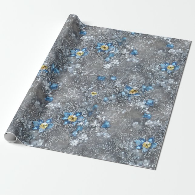 Elegant Blue, Grey, and White Floral & Bejeweled Wrapping Paper (Unrolled)