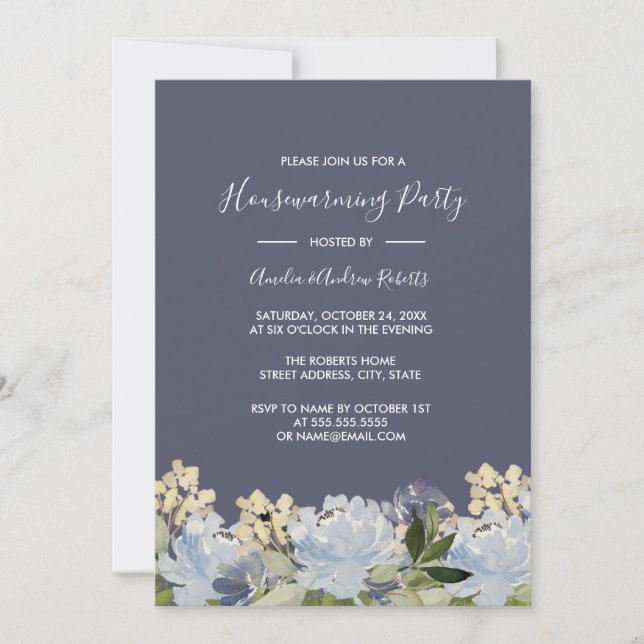 Elegant Blue Grey Floral Garden Housewarming Invitation (Front)