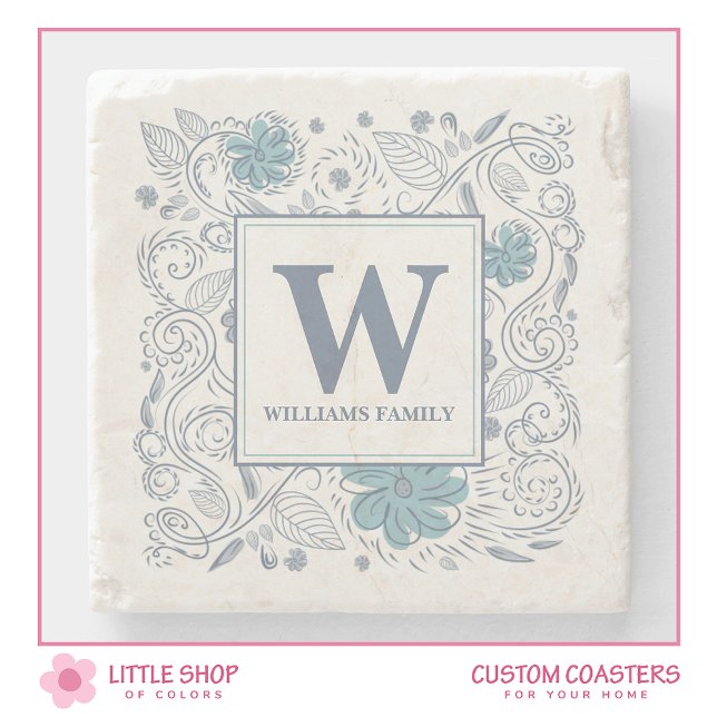 Elegant Blue Grey Floral Monogrammed Stone Coaster (Creator Uploaded)