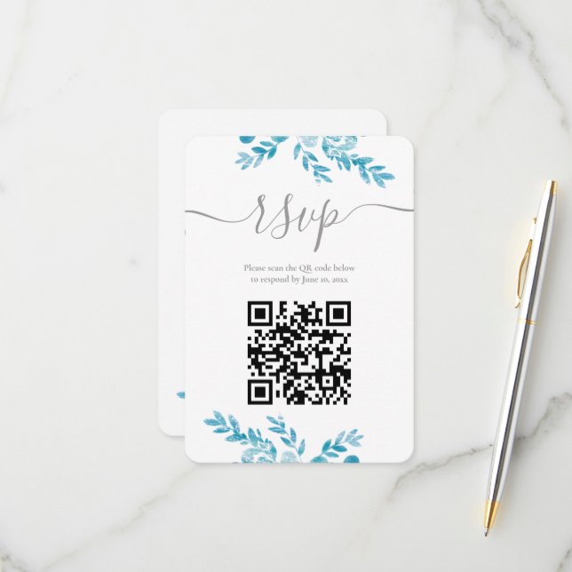 Elegant Blue Grey Floral QR Code Wedding RSVP Card (Front/Back In Situ)