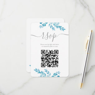 Elegant Blue Grey Floral QR Code Wedding RSVP Card