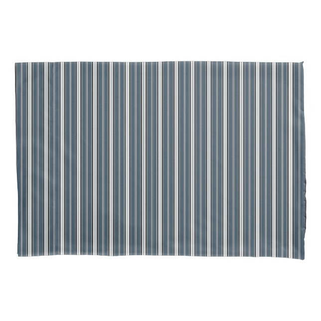 Elegant Blue Grey French Ticking Stripe Pillowcase (Front-Left)