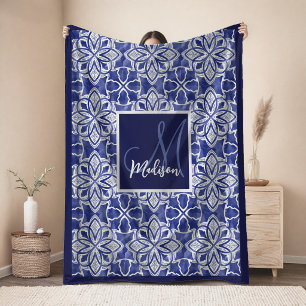 Elegant blue grey geometric seamless monogram fleece blanket