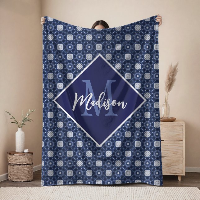 Elegant blue grey initial monogrammed  fleece blanket (Creator Uploaded)