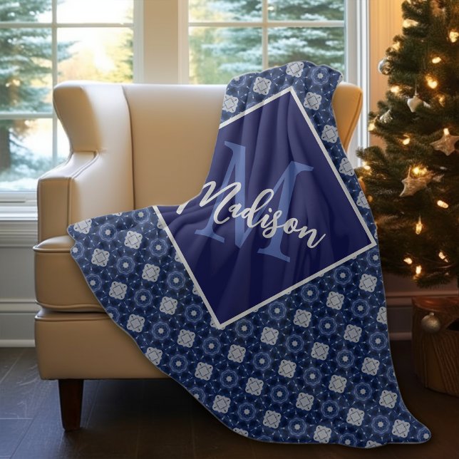 Elegant blue grey initial monogrammed  fleece blanket (Creator Uploaded)