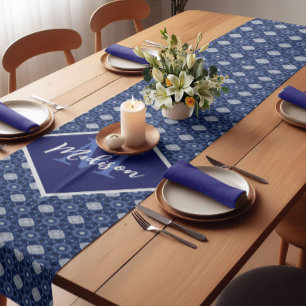 Elegant blue grey initial monogrammed  short table runner