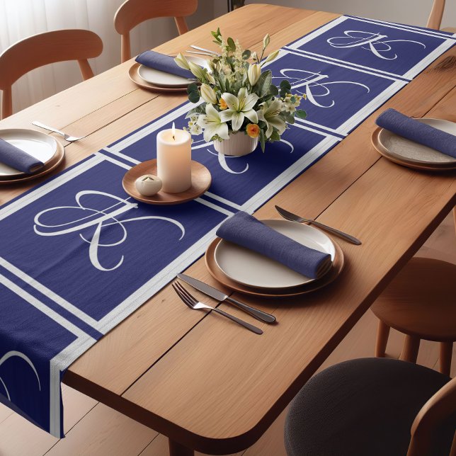 Elegant Blue Grey Monogram Initial Short Table Runner (Creator Uploaded)