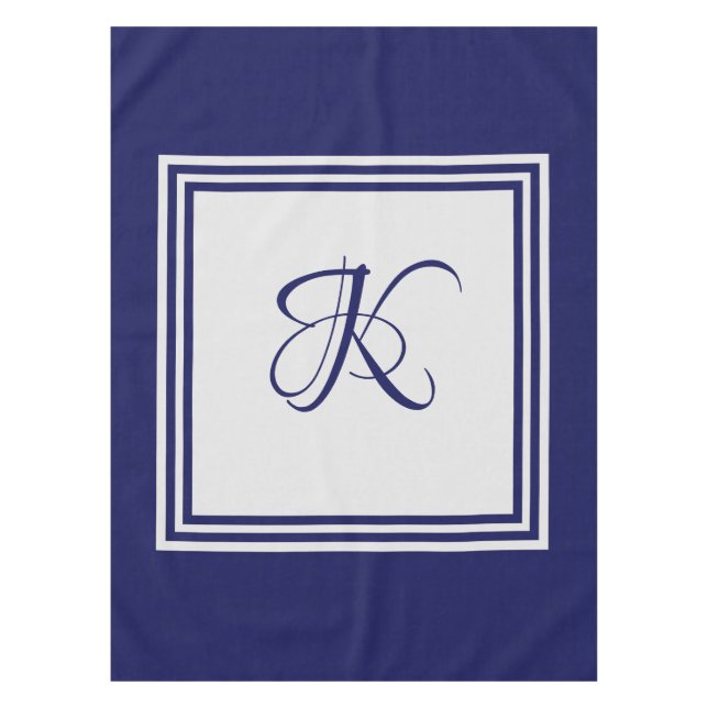 Elegant blue grey square pattern initial monogram tablecloth (Front)
