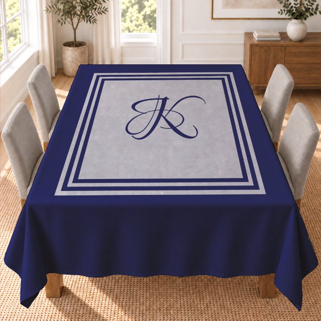 Elegant blue grey square pattern initial monogram tablecloth (Creator Uploaded)