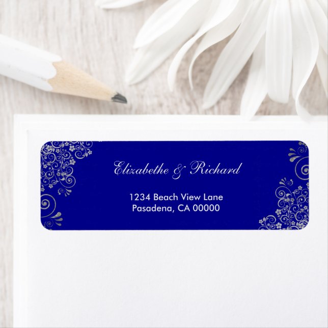 Elegant Blue Grey Swirls wedding Return Address Label (Insitu)