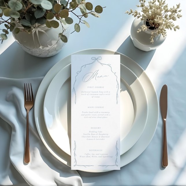 Elegant Blue Hand Drawn Bow & Ribbon Wedding Menu (Elegant Blue Hand Drawn Bow & Ribbon Wedding Menu)