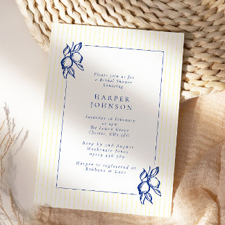 Elegant Blue Hand Drawn Lemon Amalfi Bridal Shower Invitation
