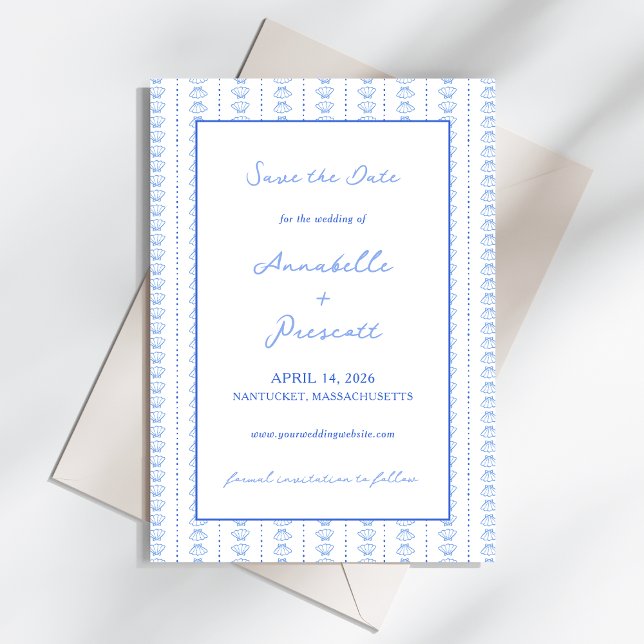 Elegant Blue Hand Drawn Seashell Coastal Wedding Save The Date (Creator Uploaded)