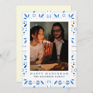 Elegant Blue Happy Hanukkah Family 1 Photo Holiday Card