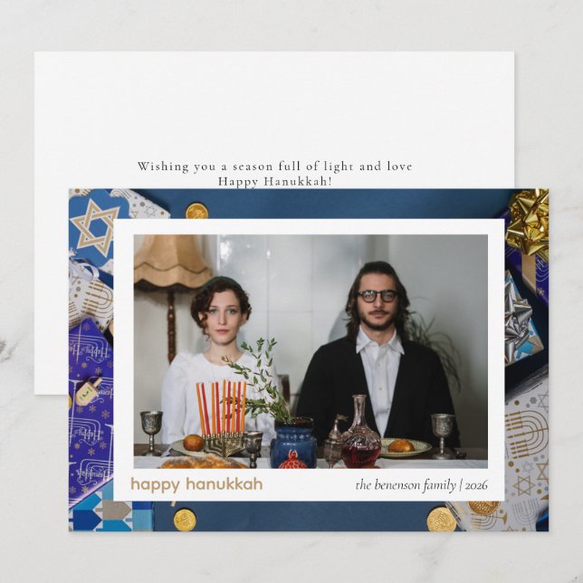 Elegant Blue Happy Hanukkah Family 1 Photo Holiday Card (Front/Back)