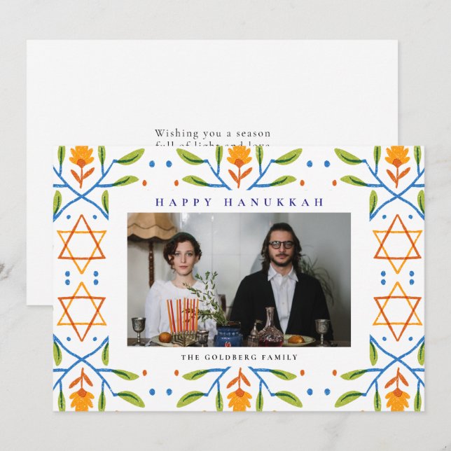 Elegant Blue Happy Hanukkah Family 1 Photo Holiday Card (Front/Back)
