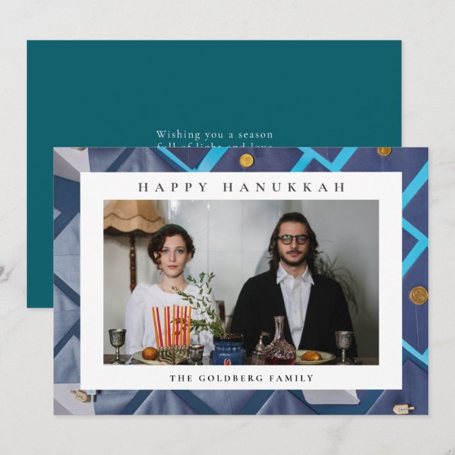 Elegant Blue Happy Hanukkah Family 1 Photo Holiday Card (Front/Back)