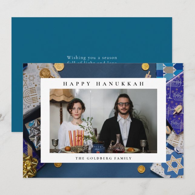 Elegant Blue Happy Hanukkah Family 1 Photo Holiday Card (Front/Back)