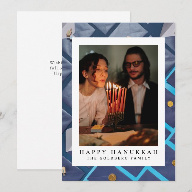 Elegant Blue Happy Hanukkah Family 1 Photo Holiday Card (Front/Back)