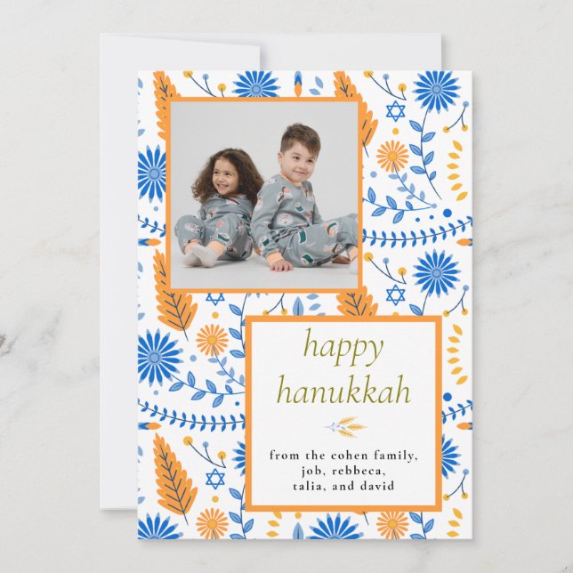 Elegant blue Happy Hanukkah Family 1 Photo Holiday Card (Front)