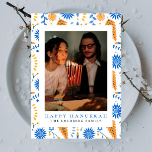 Elegant Blue Happy Hanukkah Family 1 Photo Holiday Card