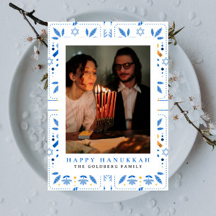 Elegant Blue Happy Hanukkah Family 1 Photo Holiday Card