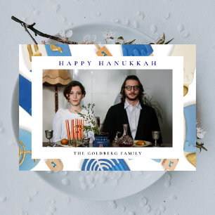 Elegant Blue Happy Hanukkah Family 1 Photo Holiday Card