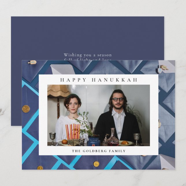 Elegant Blue Happy Hanukkah Family 1 Photo Holiday Card (Front/Back)
