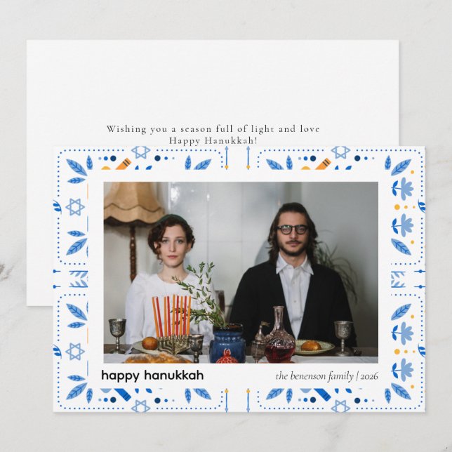 Elegant Blue Happy Hanukkah Family 1 Photo Holiday Card (Front/Back)